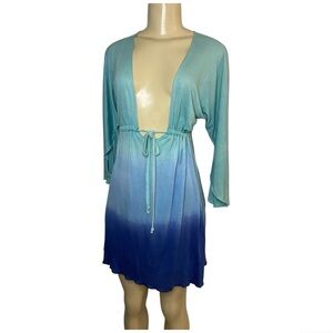 Debbie Katz South Beach Blue Dyed Front Tie Dress Cover-Up Bell Sleeves Size S/M